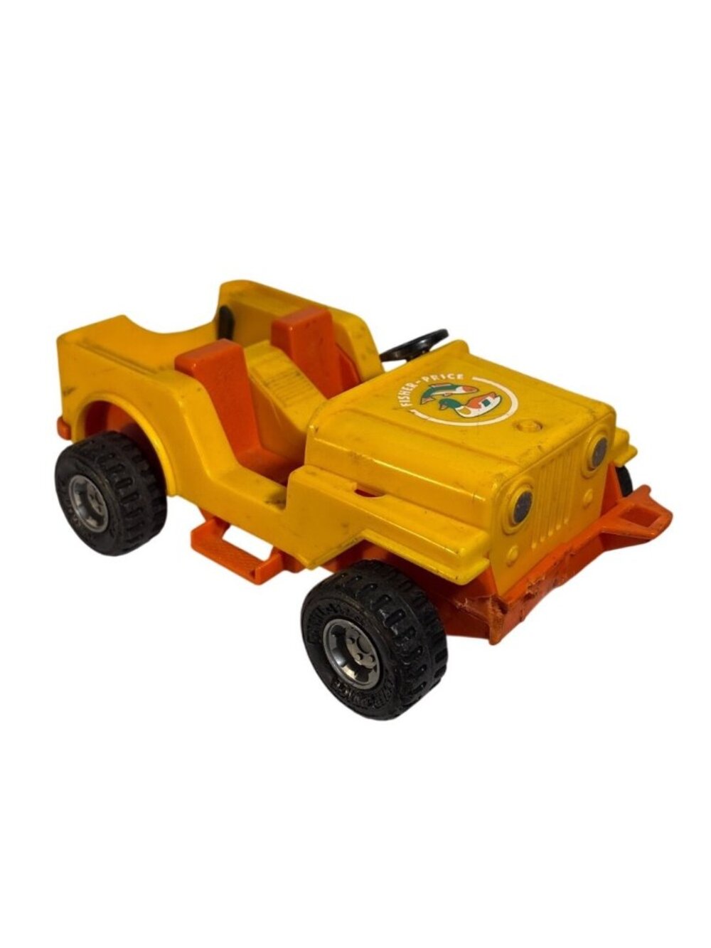 Vintage Fisher Price Yellow Jeep Toy Orange SeatsBlack Wheels 7" Long 5" Wide